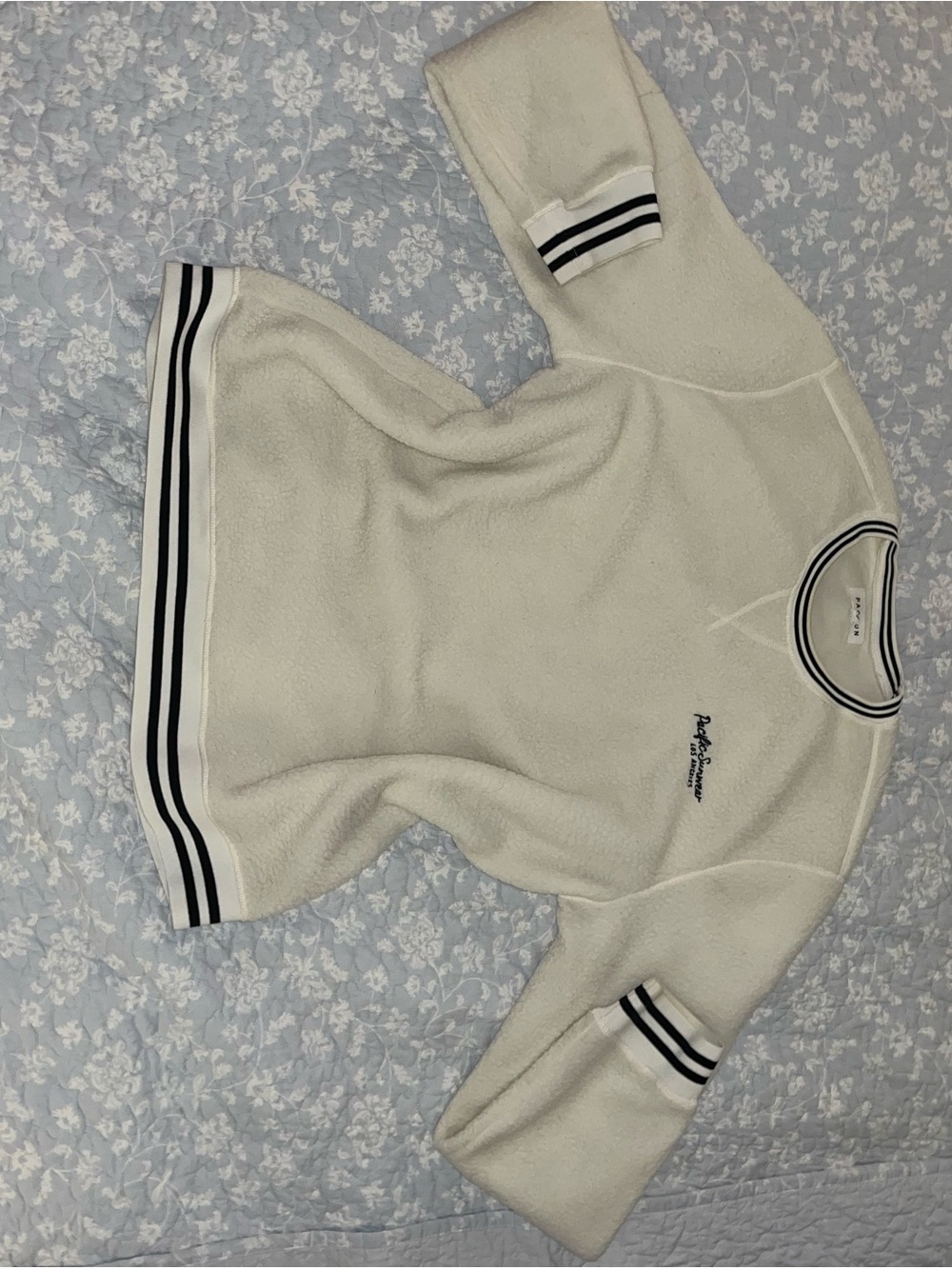 Pacific Sunwear Cream Sherpa Crewneck Sweater with Black Stripe Trim